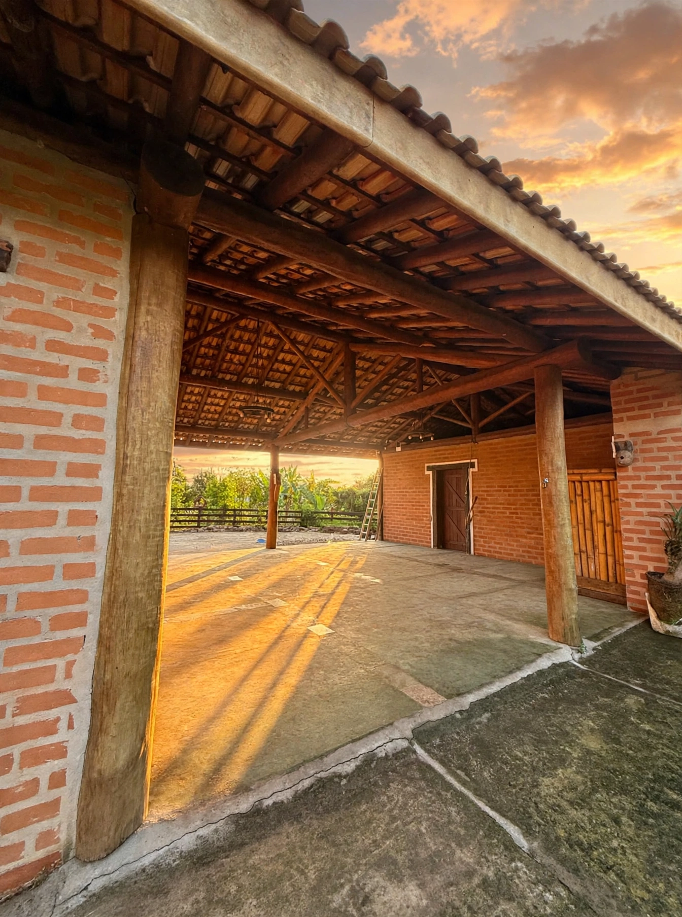 Vista de dentro do salão para a área externa, com estrutura de madeira e luz do entardecer